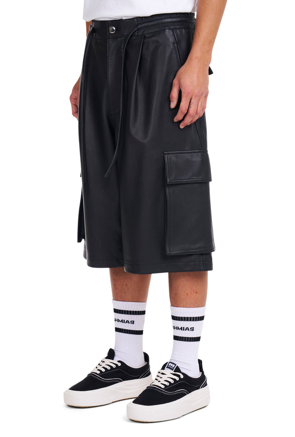 Nahmias Leather Pleated Cargo Shorts Black
