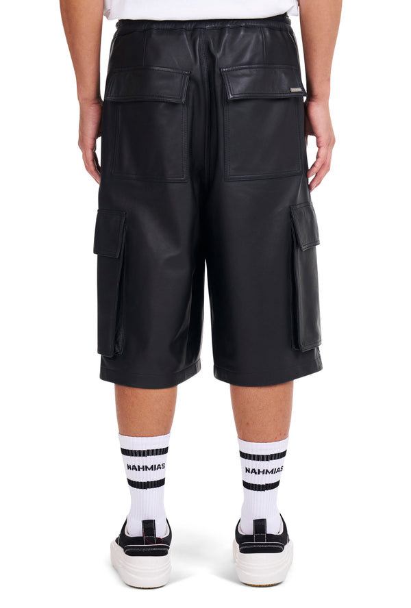 Nahmias Leather Pleated Cargo Shorts Black