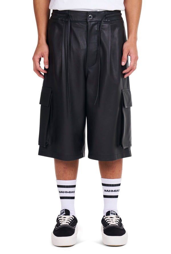 nahmias Leather Pleated Cargo Shorts Black
