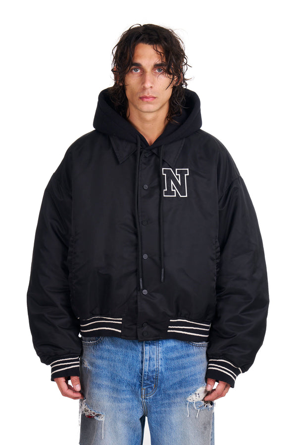 nahmias Nylon Hooded Bomber in Black Black