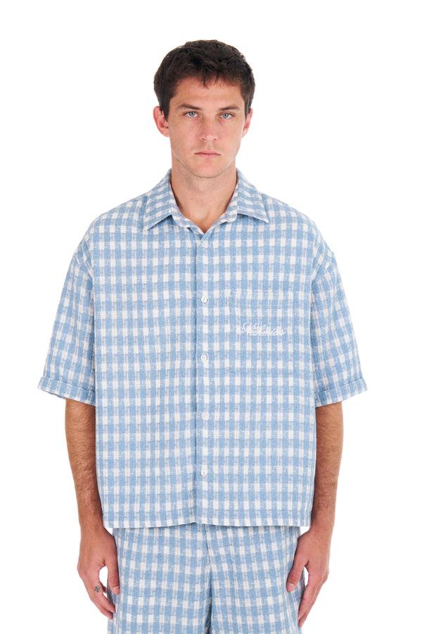 nahmias Plaid Cropped S/S Shirt in Steel Blue