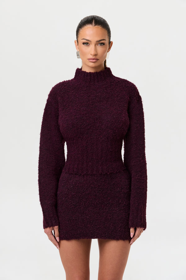 naked wardrobe Bouclé Knit Cinched Waist Sweater