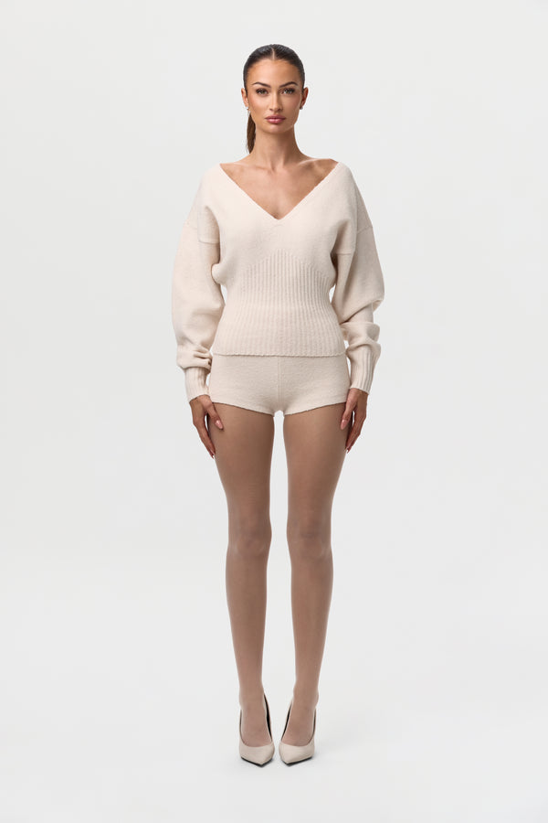 Naked Wardrobe Knit V-Neck Cinched Waist Sweater