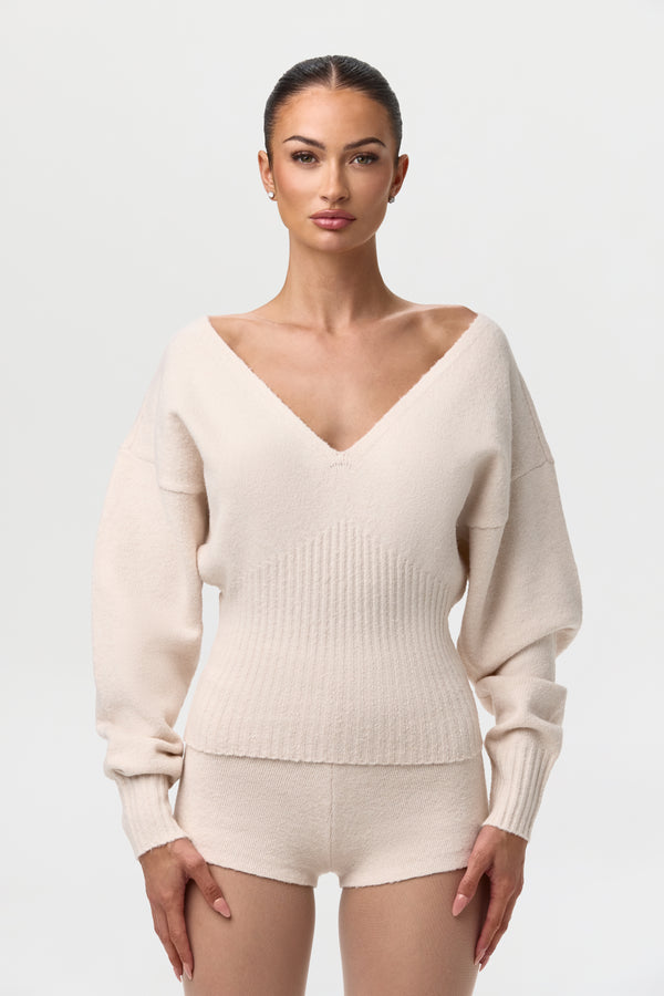 Naked Wardrobe Knit V-Neck Cinched Waist Sweater