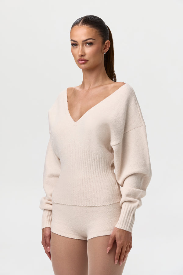 naked wardrobe Knit V-Neck Cinched Waist Sweater