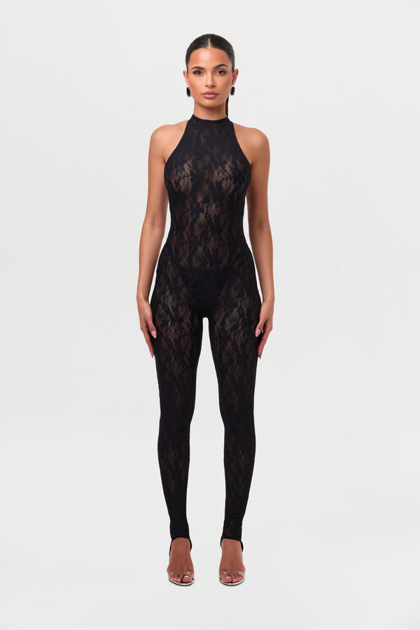 Naked Wardrobe Stretch Lace Racer Stirrup Jumpsuit