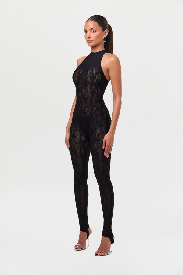 Naked Wardrobe Stretch Lace Racer Stirrup Jumpsuit