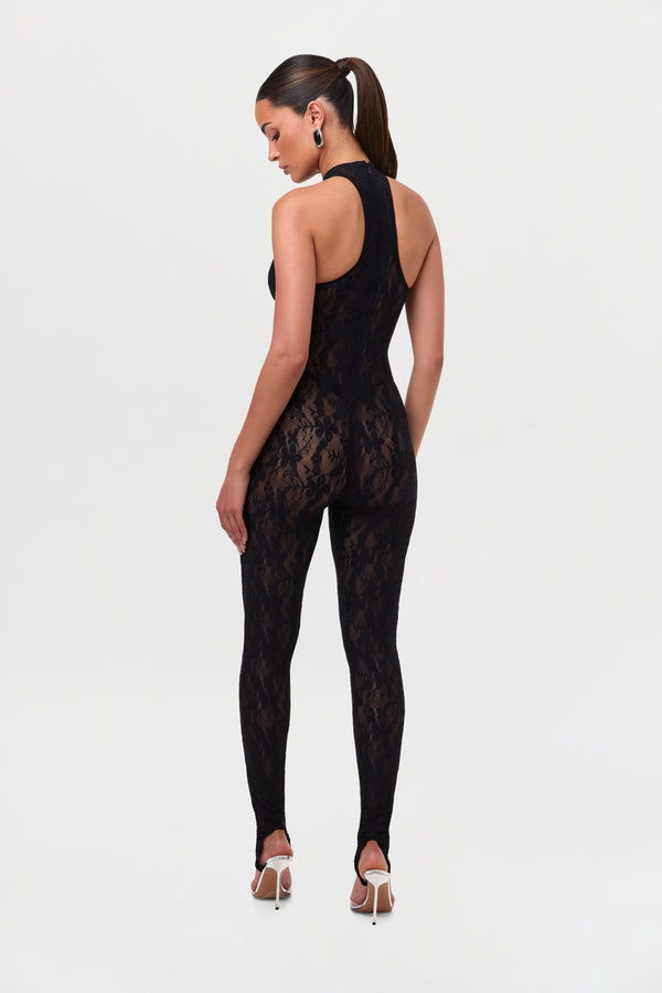 Naked Wardrobe Stretch Lace Racer Stirrup Jumpsuit