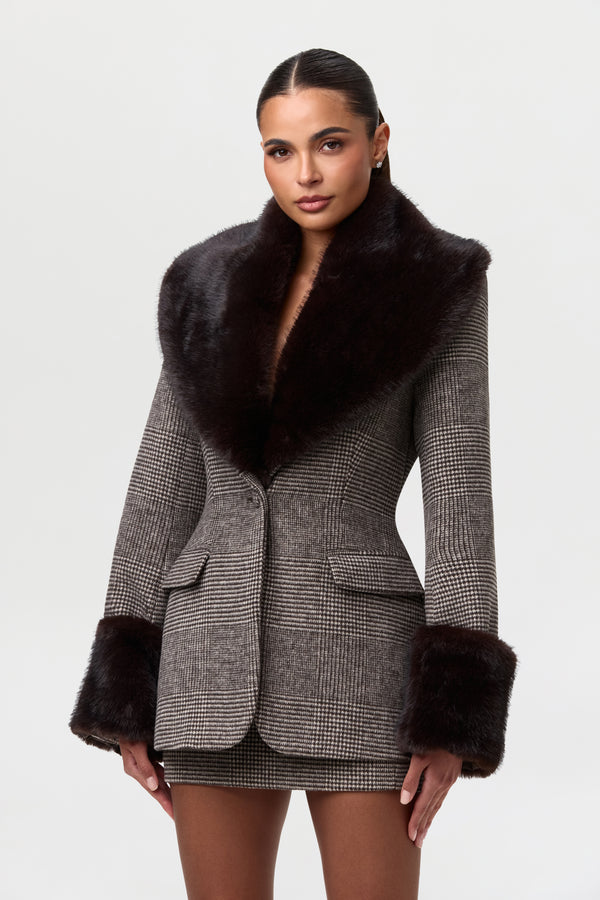 Naked Wardrobe Suiting Houndstooth Faux Fur Blazer