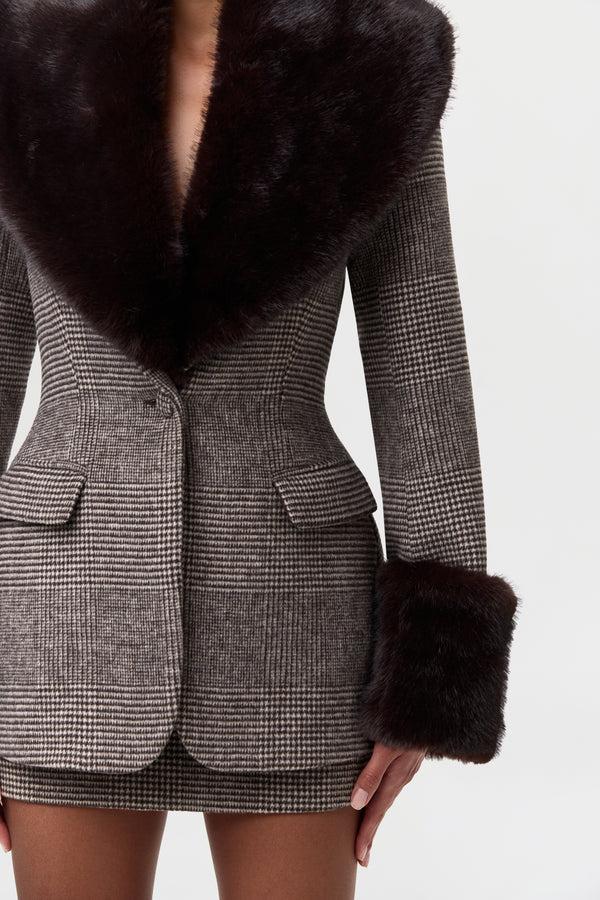 Naked Wardrobe Suiting Houndstooth Faux Fur Blazer