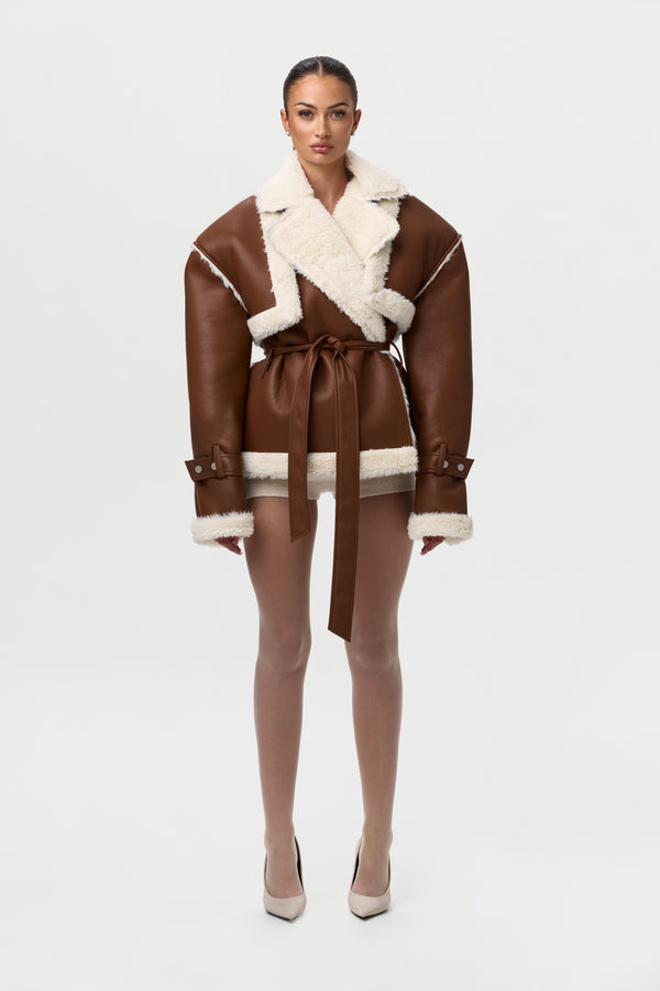 Naked Wardrobe Vegan Leather Sherpa Belted Coat