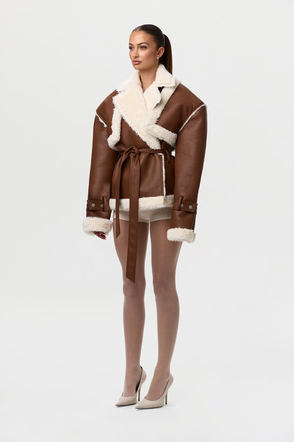 naked wardrobe Vegan Leather Sherpa Belted Coat
