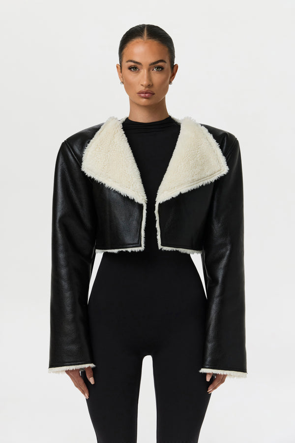 Naked Wardrobe Vegan Leather Sherpa Cropped Jacket