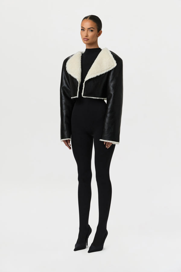 Naked Wardrobe Vegan Leather Sherpa Cropped Jacket
