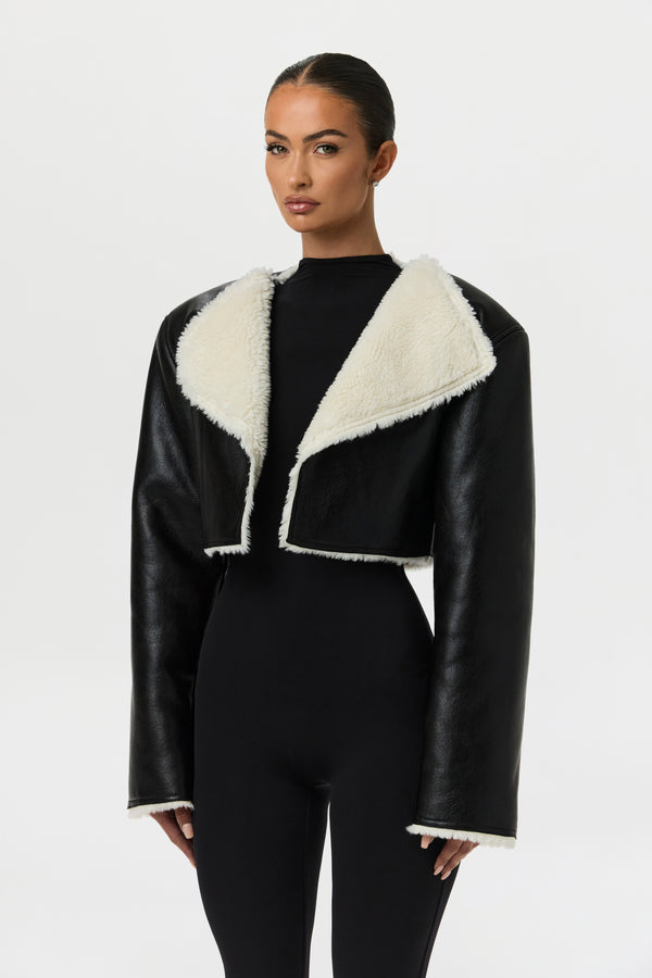 Naked Wardrobe Vegan Leather Sherpa Cropped Jacket