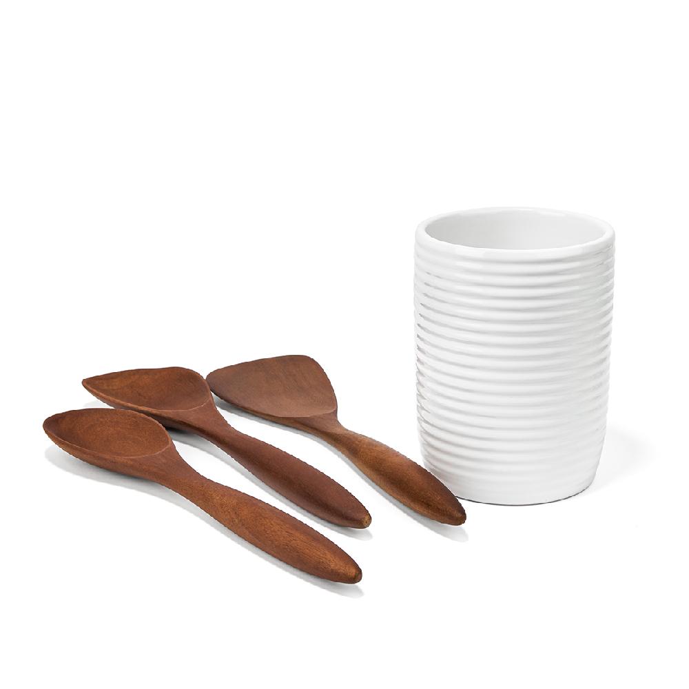 Nambé Breaking Bread Wood Utensils With Canister