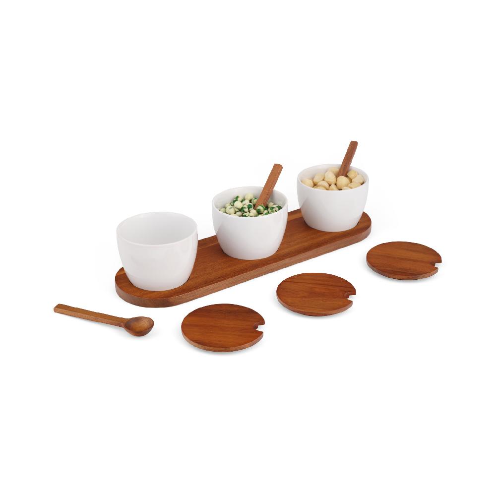 Nambé Duets Triple Condiment Server W/ Lids & Spoons