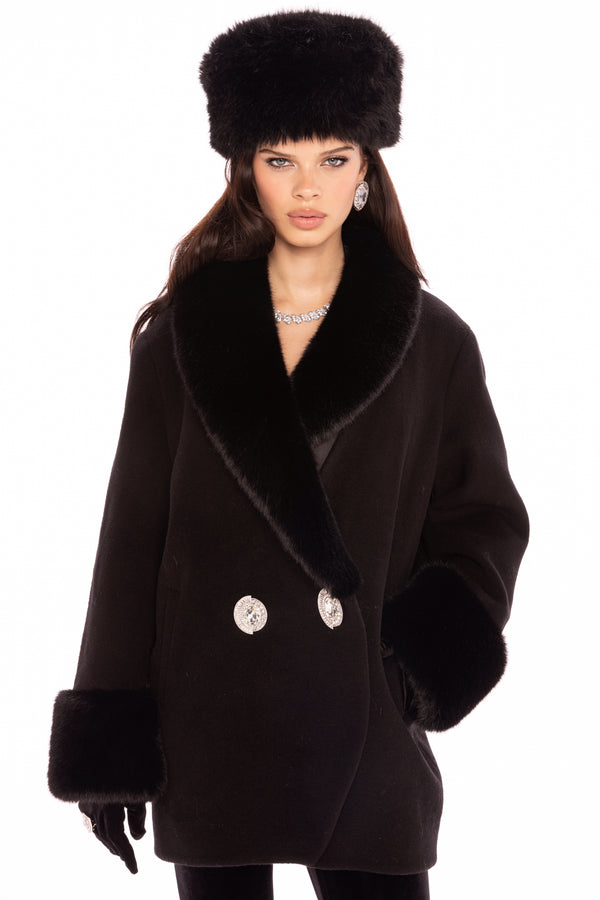 Nana Jacqueline Althea Faux Fur Collar Cocoon Coat (Black)