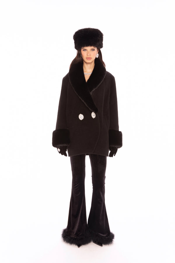 Nana Jacqueline Althea Faux Fur Collar Cocoon Coat (Black)