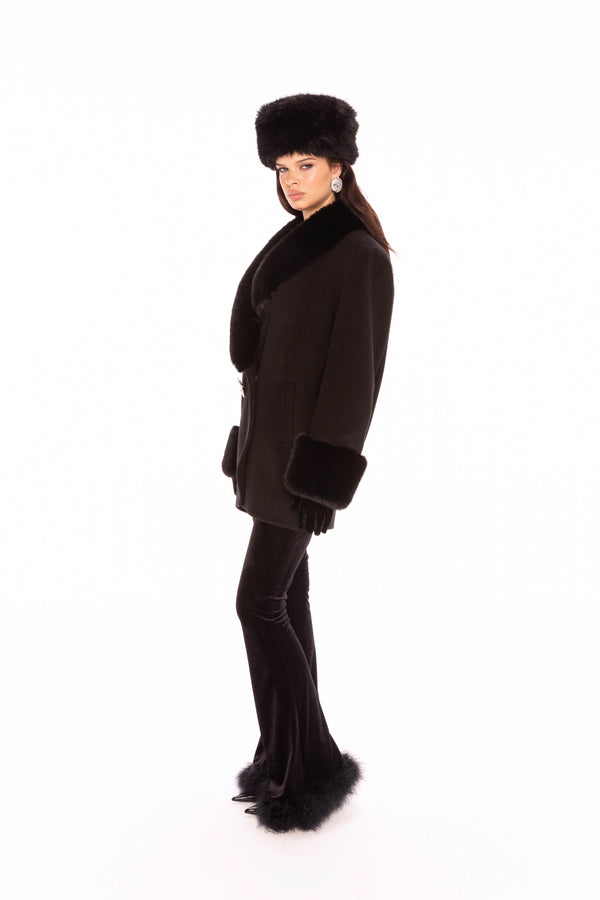 Nana Jacqueline Althea Faux Fur Collar Cocoon Coat (Black)
