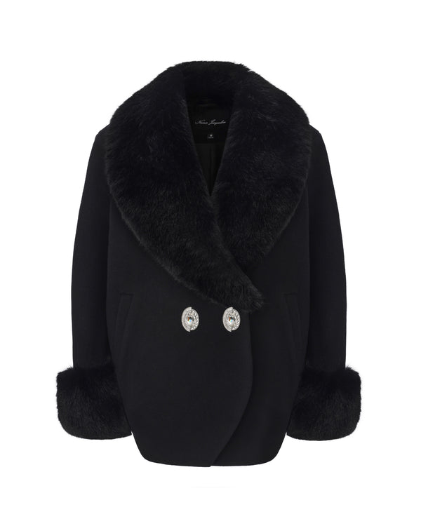nana jacqueline Althea Faux Fur Collar Cocoon Coat (Black)