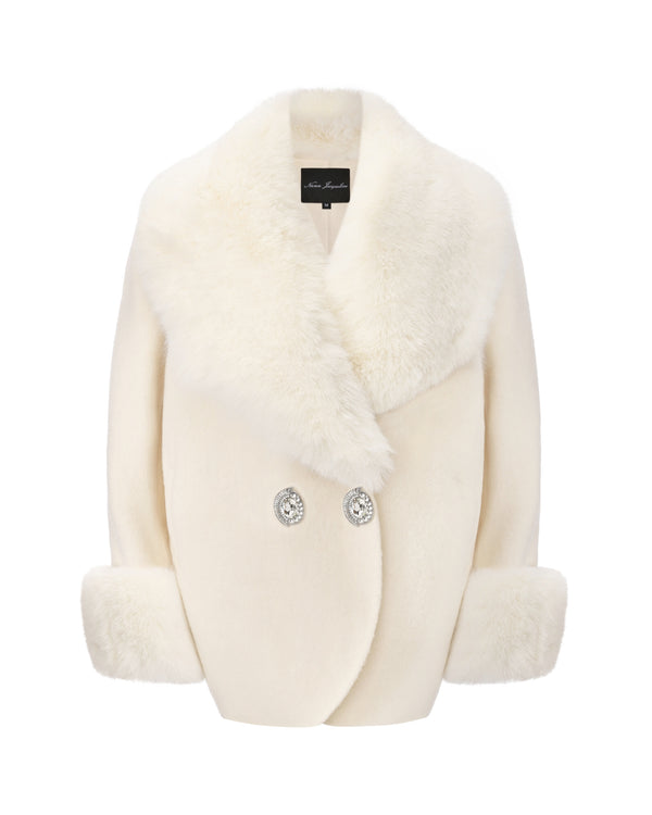 nana jacqueline Althea Faux Fur Collar Cocoon Coat (White)