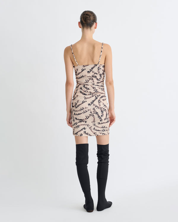 Nanushka Adie - Printed Mesh-Jersey Dress - Creme Scribble Logo