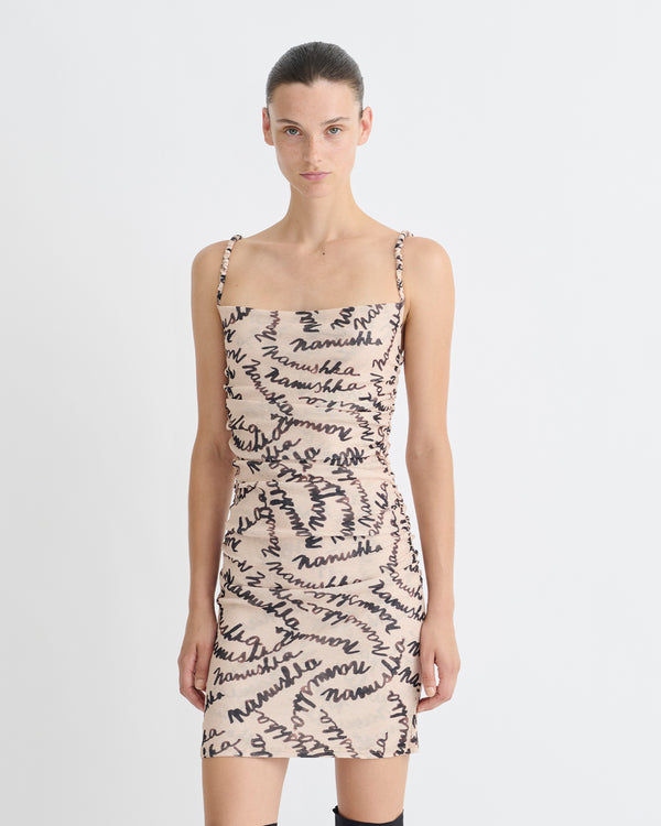 Nanushka Adie - Printed Mesh-Jersey Dress - Creme Scribble Logo