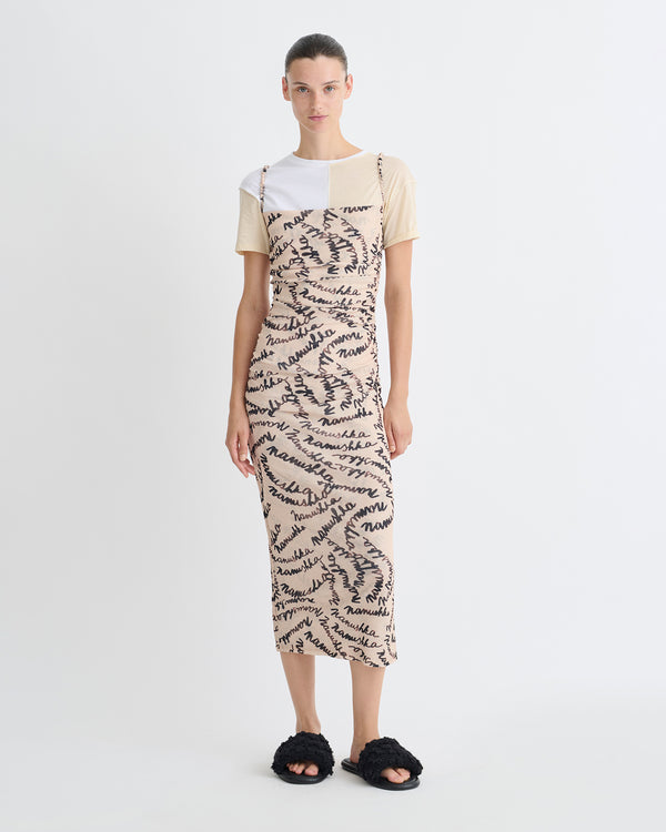 Nanushka Alexa - Printed Mesh Jersey Midi Dress - Creme Scribble Logo