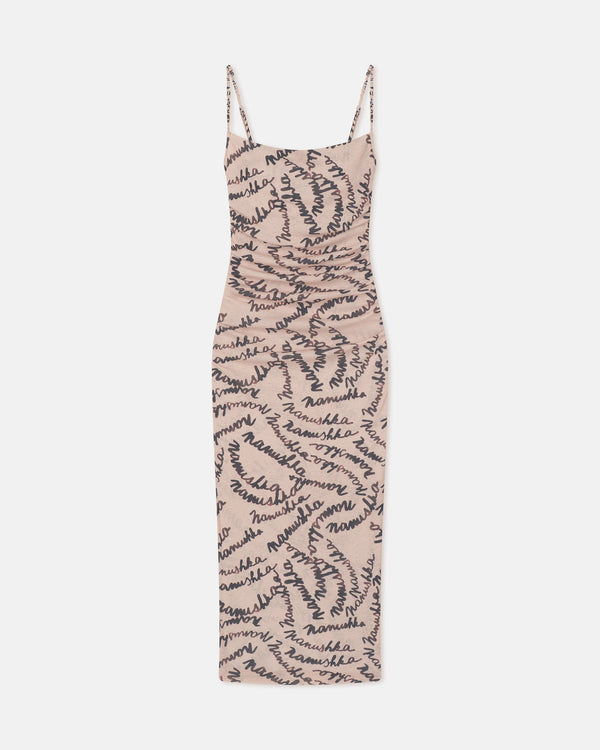 nanushka Alexa - Printed Mesh Jersey Midi Dress - Creme Scribble Logo