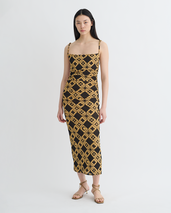 nanushka Alexa - Printed Mesh Jersey Midi Dress - Symbol Tile Oak
