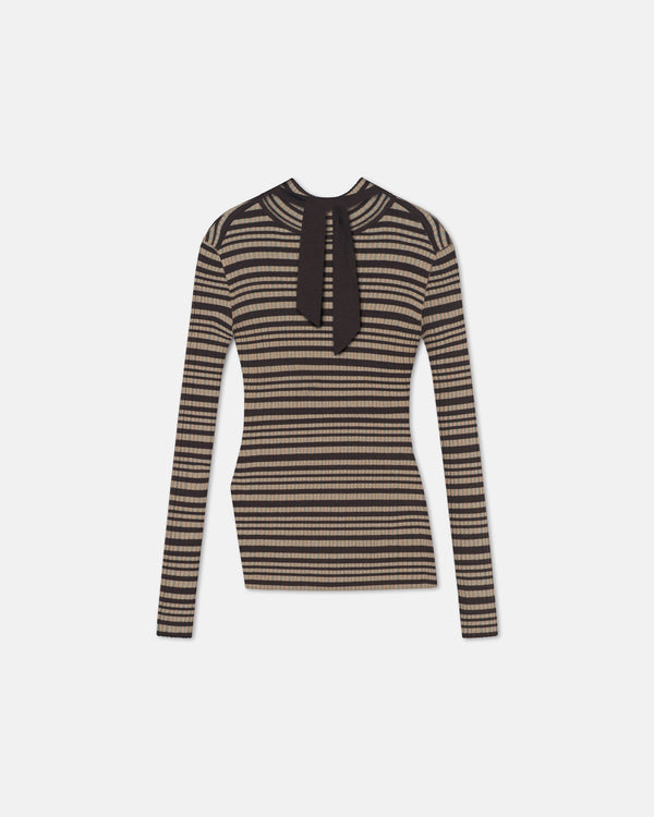 Nanushka Arella - Fine Merino Rib Long Sleeved Top - Black/Brown/Green Stripe