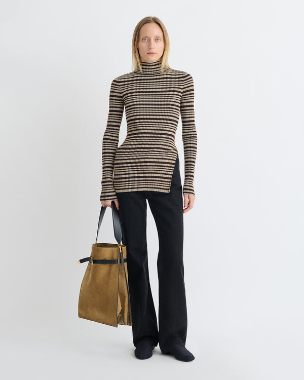 Nanushka Arella - Fine Merino Rib Long Sleeved Top - Black/Brown/Green Stripe