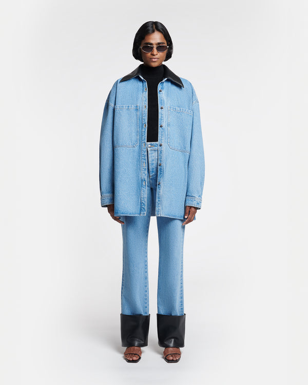 Nanushka Beaux - Leather-Trimmed Denim Shirt - Mid Blue