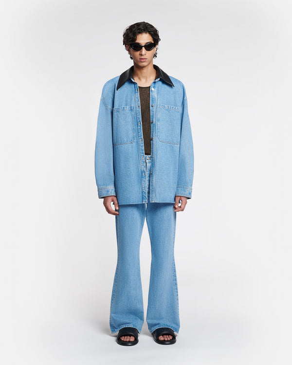 Nanushka Beaux - Leather-Trimmed Denim Shirt - Mid Blue