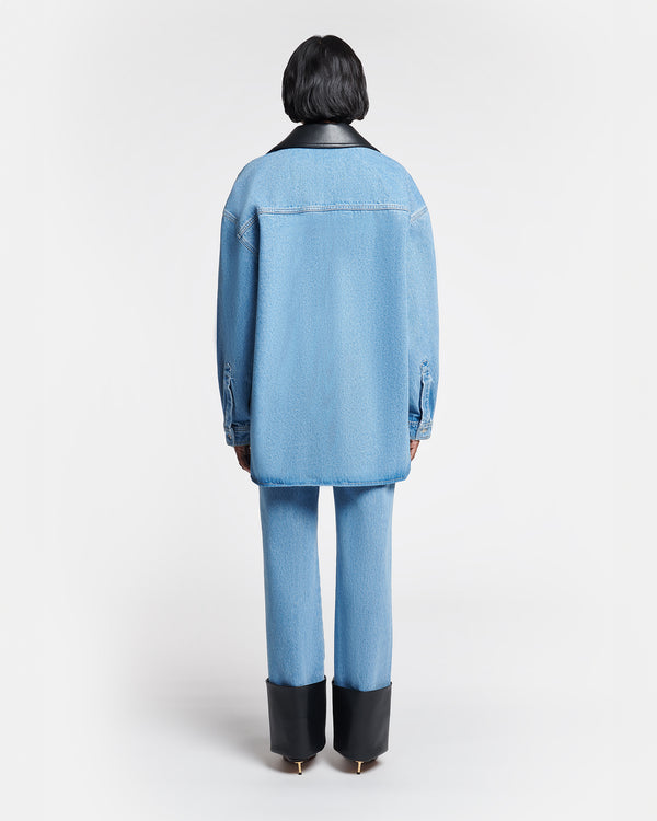 Nanushka Beaux - Leather-Trimmed Denim Shirt - Mid Blue