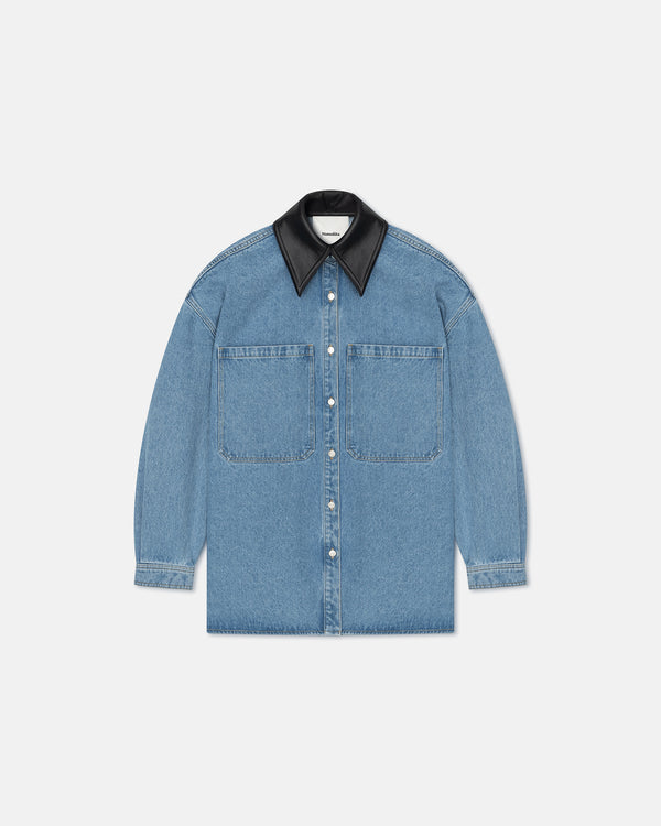 nanushka Beaux - Leather-Trimmed Denim Shirt - Mid Blue