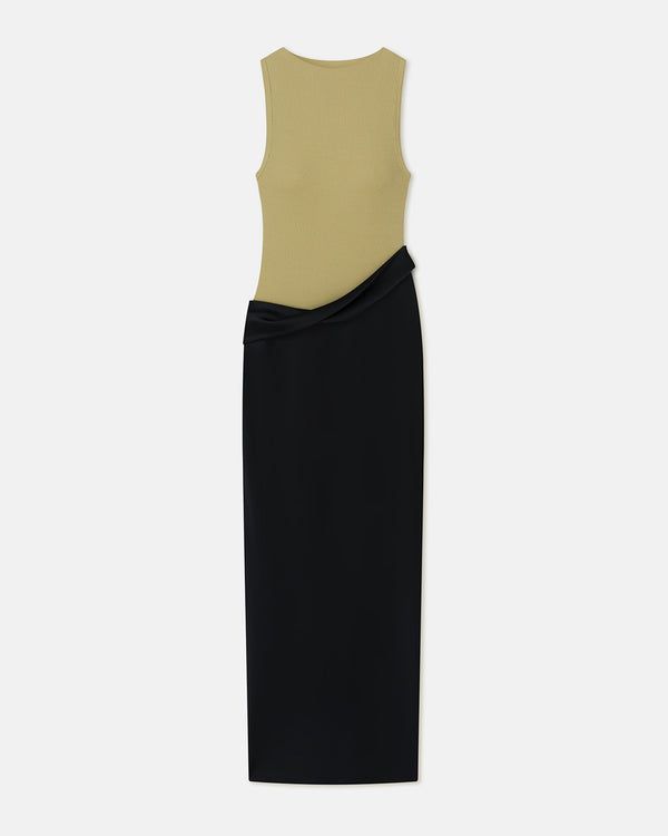 Nanushka Cobee - Ribbed Jersey And Slip Satin Dress - Black/Olive Green
