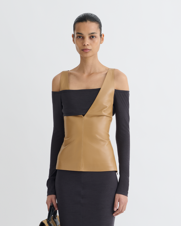 nanushka Ferr - Wool Jersey and Okobor™ Alt-Leather Top - Oak/Grey