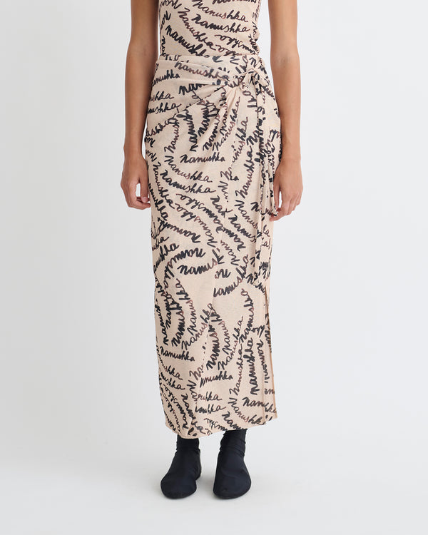 Nanushka Inaya - Printed Mesh-Jersey Midi Skirt - Crème Scribble Logo