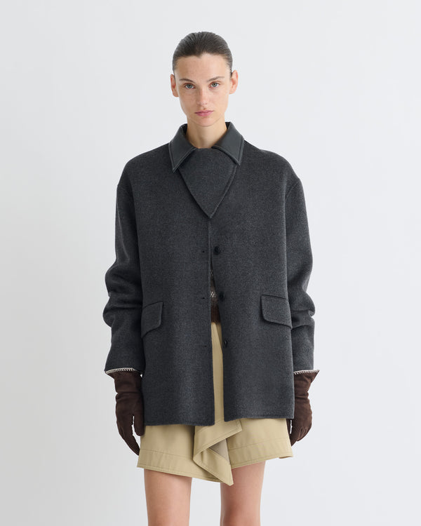 Nanushka Jada - Double Wool/Regen Leather Jacket - Grey Melange/Black