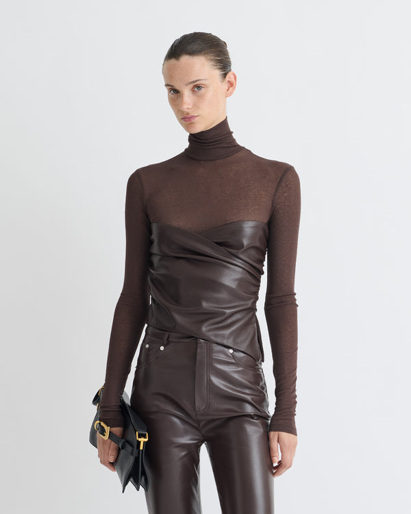 Nanushka Kynlee - Mesh Jersey/Okobor Turtleneck Top - Dark Oak/Coffee Ground