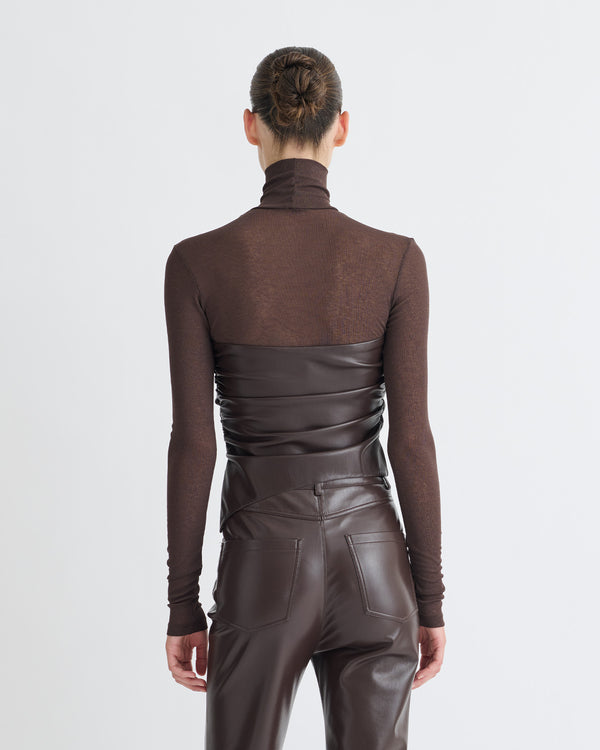 Nanushka Kynlee - Mesh Jersey/Okobor Turtleneck Top - Dark Oak/Coffee Ground