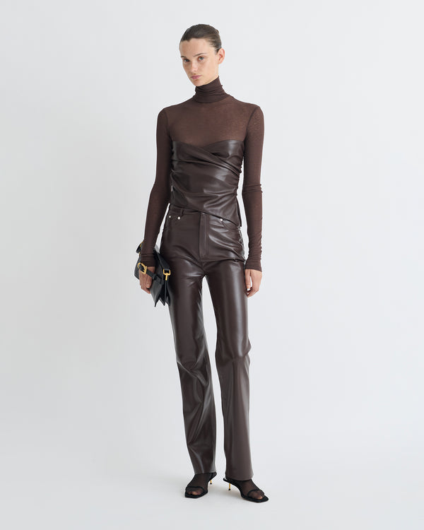 nanushka Kynlee - Mesh Jersey/Okobor Turtleneck Top - Dark Oak/Coffee Ground