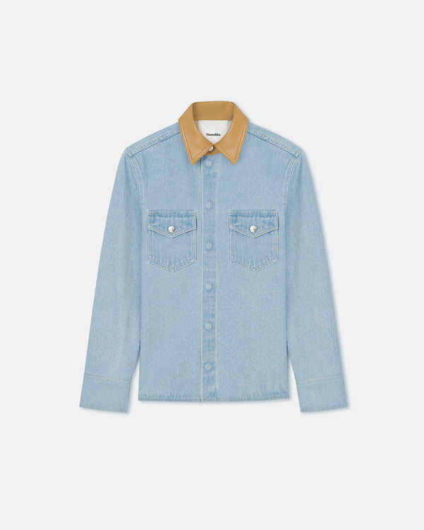 Nanushka Letisa - Leather-Trimmed Denim Shirt - Eco Bleach/Hazel
