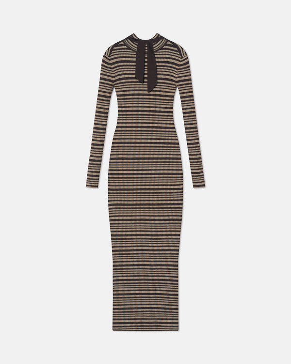 Nanushka Mirell - Fine Merino Rib Long Dress - Black/Brown/Green Stripe