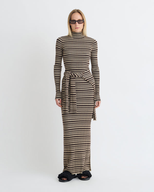 Nanushka Mirell - Fine Merino Rib Long Dress - Black/Brown/Green Stripe