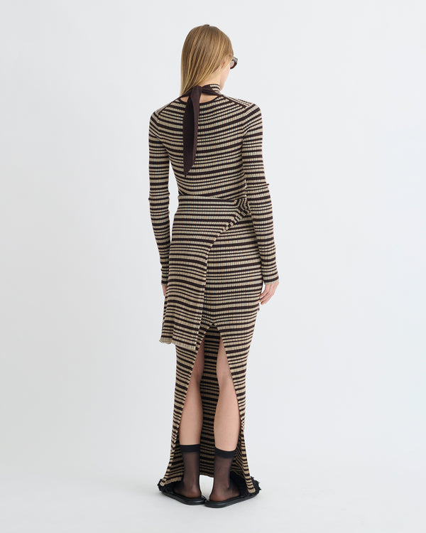Nanushka Mirell - Fine Merino Rib Long Dress - Black/Brown/Green Stripe