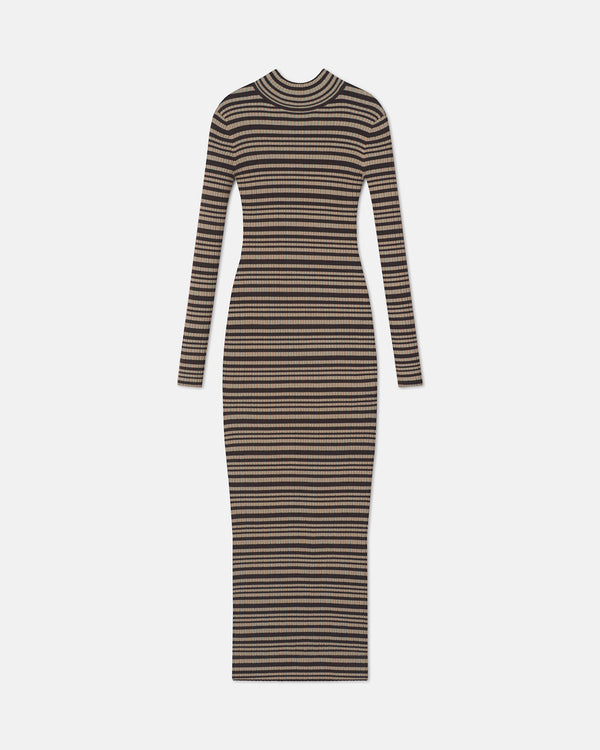 nanushka Mirell - Fine Merino Rib Long Dress - Black/Brown/Green Stripe