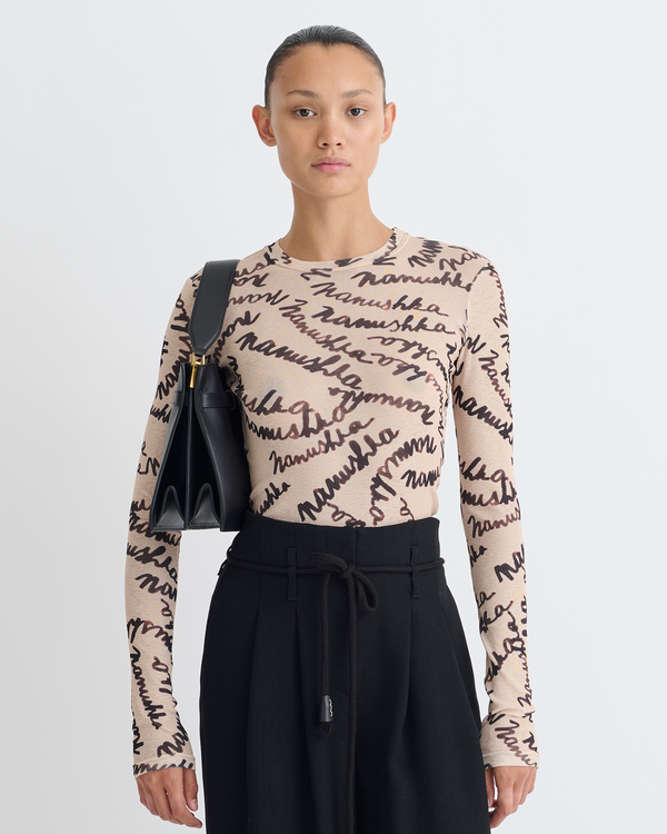 Nanushka Lymee - Mesh-Jersey Top - Creme Scribble Logo